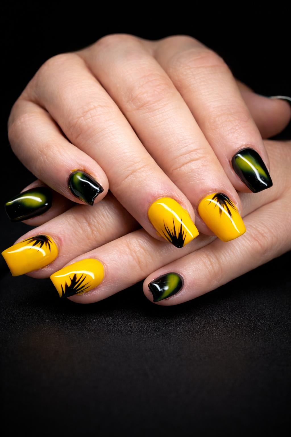 Ongles courts jaunes et noirs avec détails graphiques